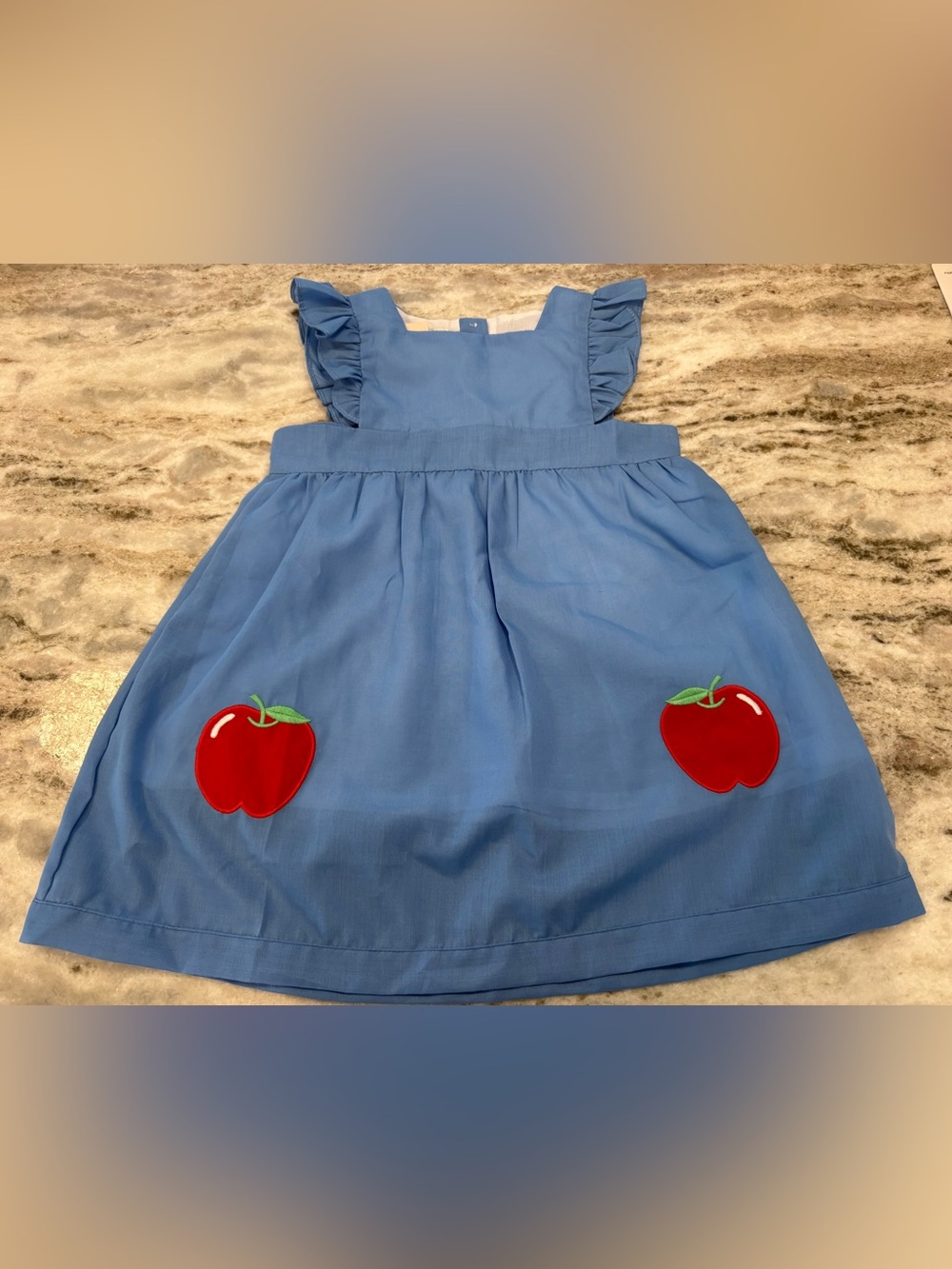 Girls' Light Blue Ruffle-Sleeve Dress with Red Apple Appliqués